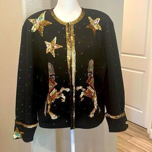 Vintage Outlander Beaded Sequined Circus Pony Wool Blend Cardigan Size M…